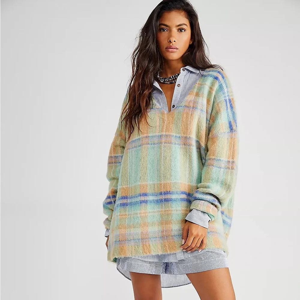 Free People Multicolor Plaid V-Neck Sweater